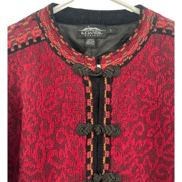 Icelandic Designs Sweater Floral Women Size Large Red Wool Blend Cardigan Lined - Picture 7 of 16